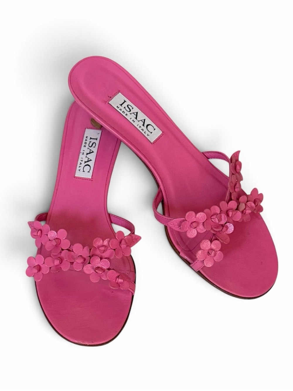Isaac Mizrahi Hot Pink Leather Floral Kitten Heel Slide Mule Sandals Sz 7.5 Box